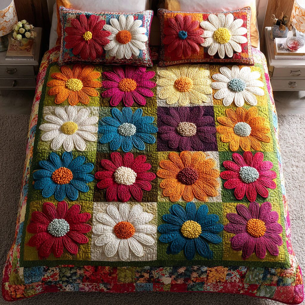 Daisy Dream quilted 3-piece bedding set on a made bed with two matching pillow shams
