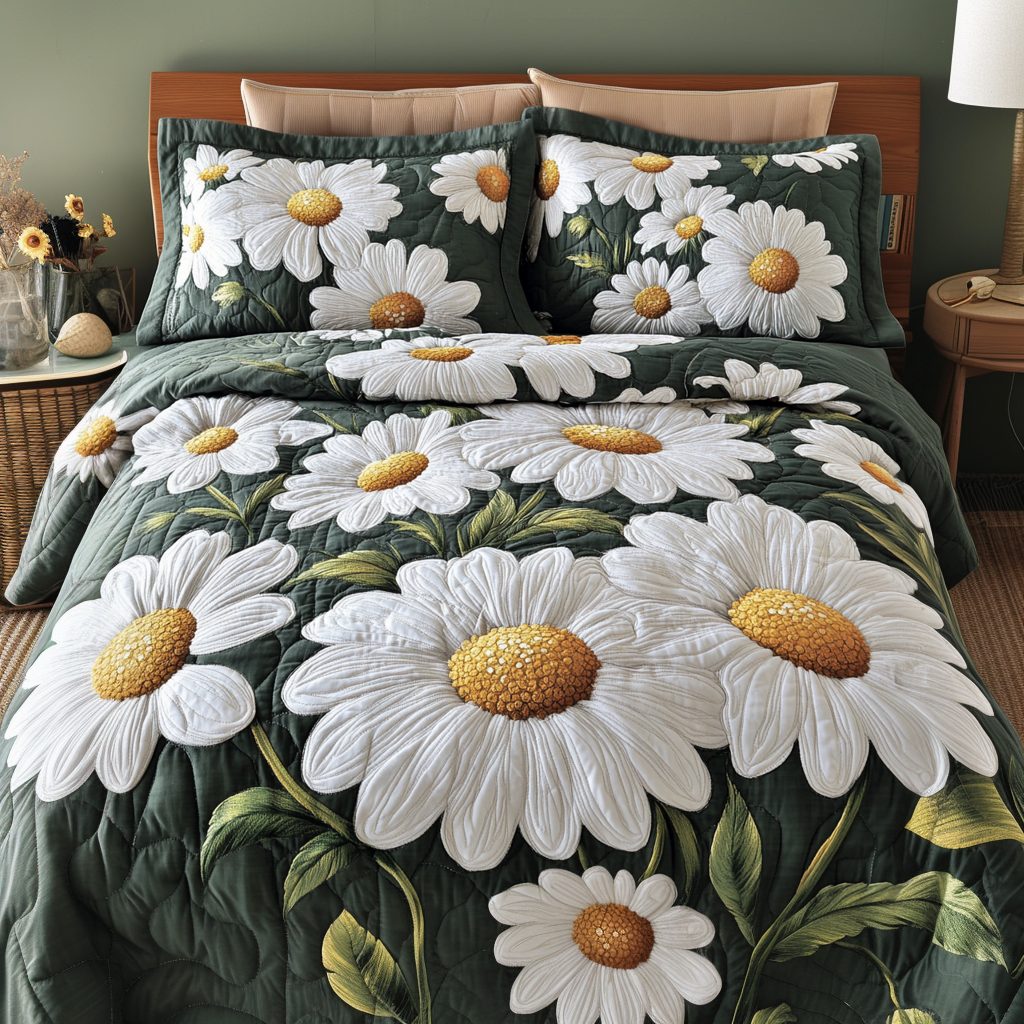 Daisy Dream quilted 3-piece bedding set on a made bed with two matching pillow shams