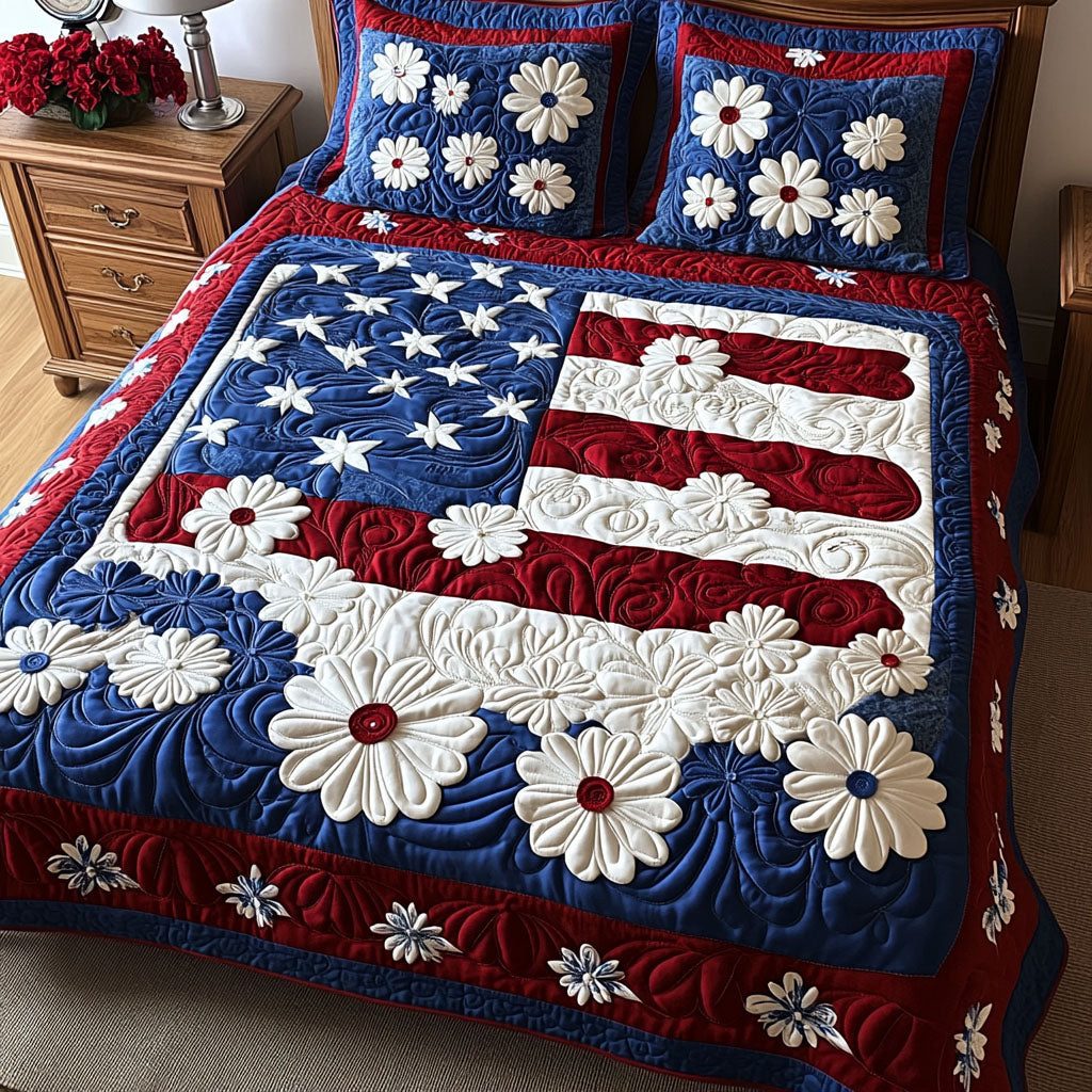 Daisy Dreams Americana quilted 3-piece bedding set on a made bed in a warmly lit bedroom
