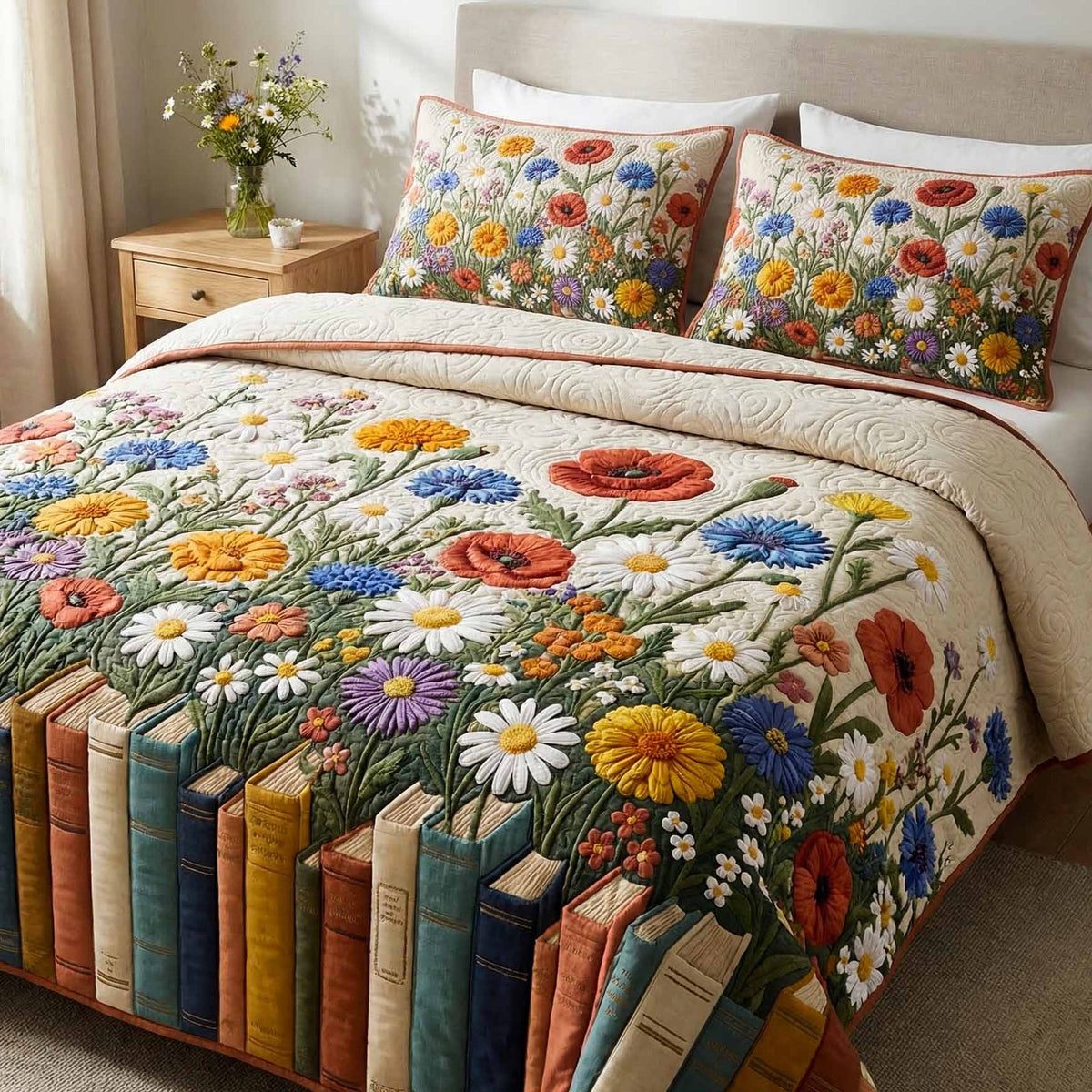Daisy Editions quilted 3-piece bedding set on a made bed with two matching pillow shams