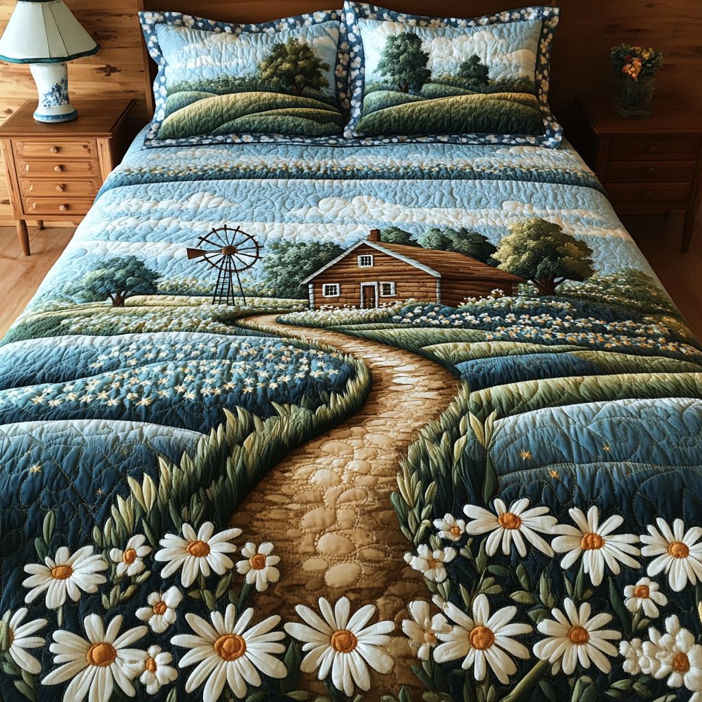 Daisy Path quilted 3-piece bedding set on a made bed with two matching pillow shams