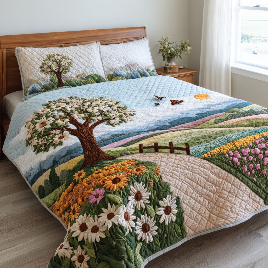 Daisy Path quilted 3-piece bedding set on a made bed with two matching pillow shams