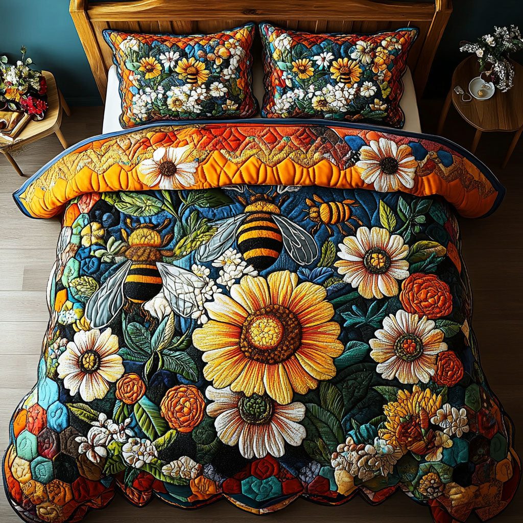 Dancing Bees quilted 3-piece bedding set on a made bed with two matching pillow shams