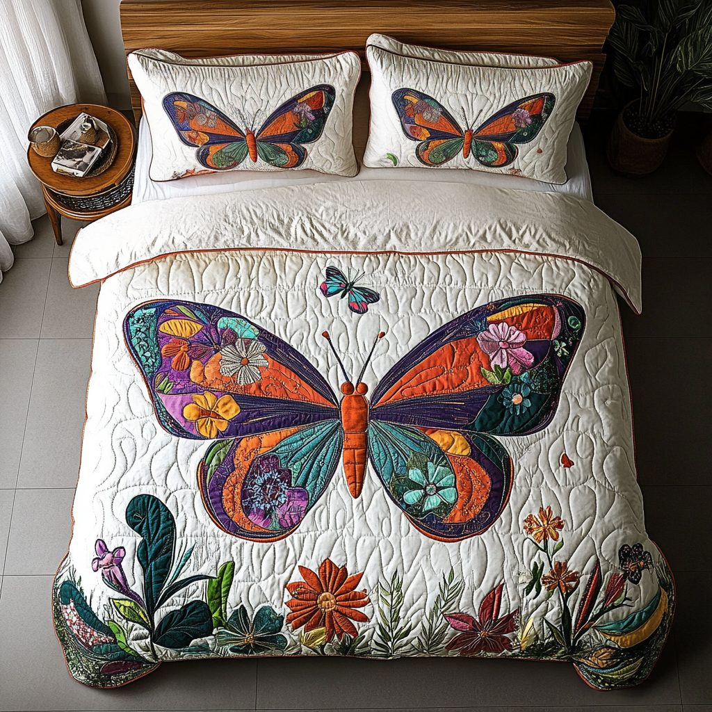 Dancing Breeze quilted 3-piece bedding set on a made bed with two matching pillow shams