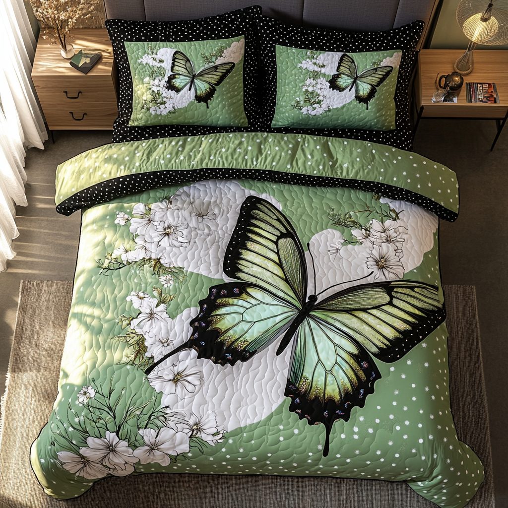 Dancing Breeze quilted 3-piece bedding set on a made bed with two matching pillow shams