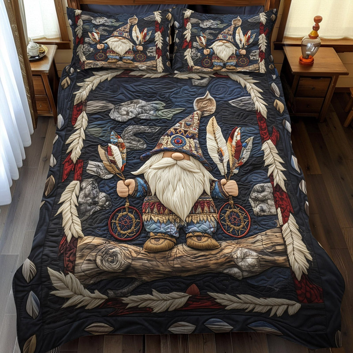 Dancing Feather quilted 3-piece bedding set on a made bed with two matching pillow shams