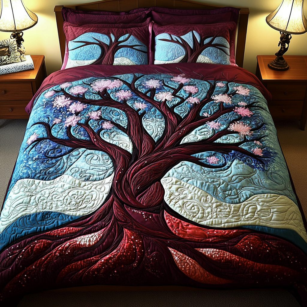 Dancing Petals quilted 3-piece bedding set on a made bed with two matching pillow shams