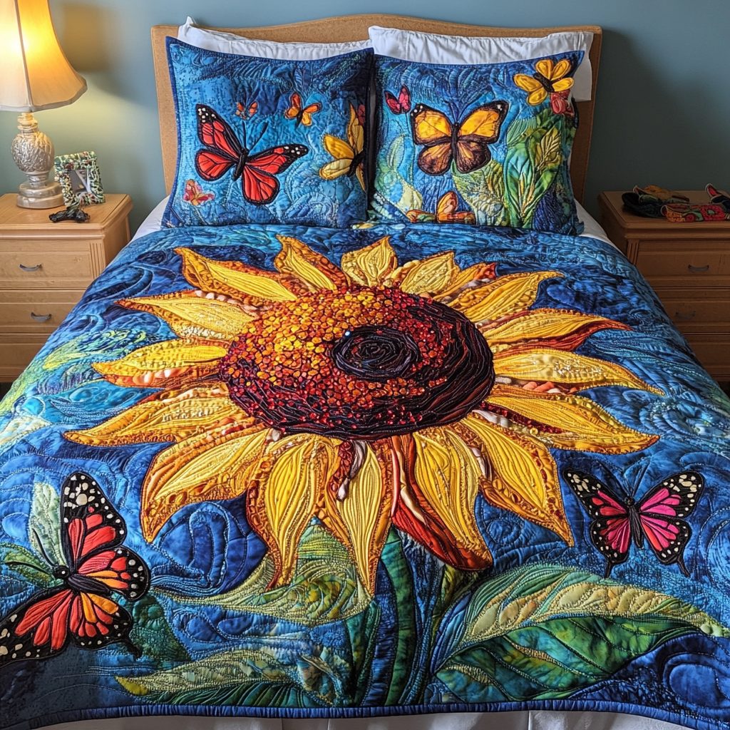 Dancing Sunflowers quilted 3-piece bedding set on a made bed with two matching pillow shams