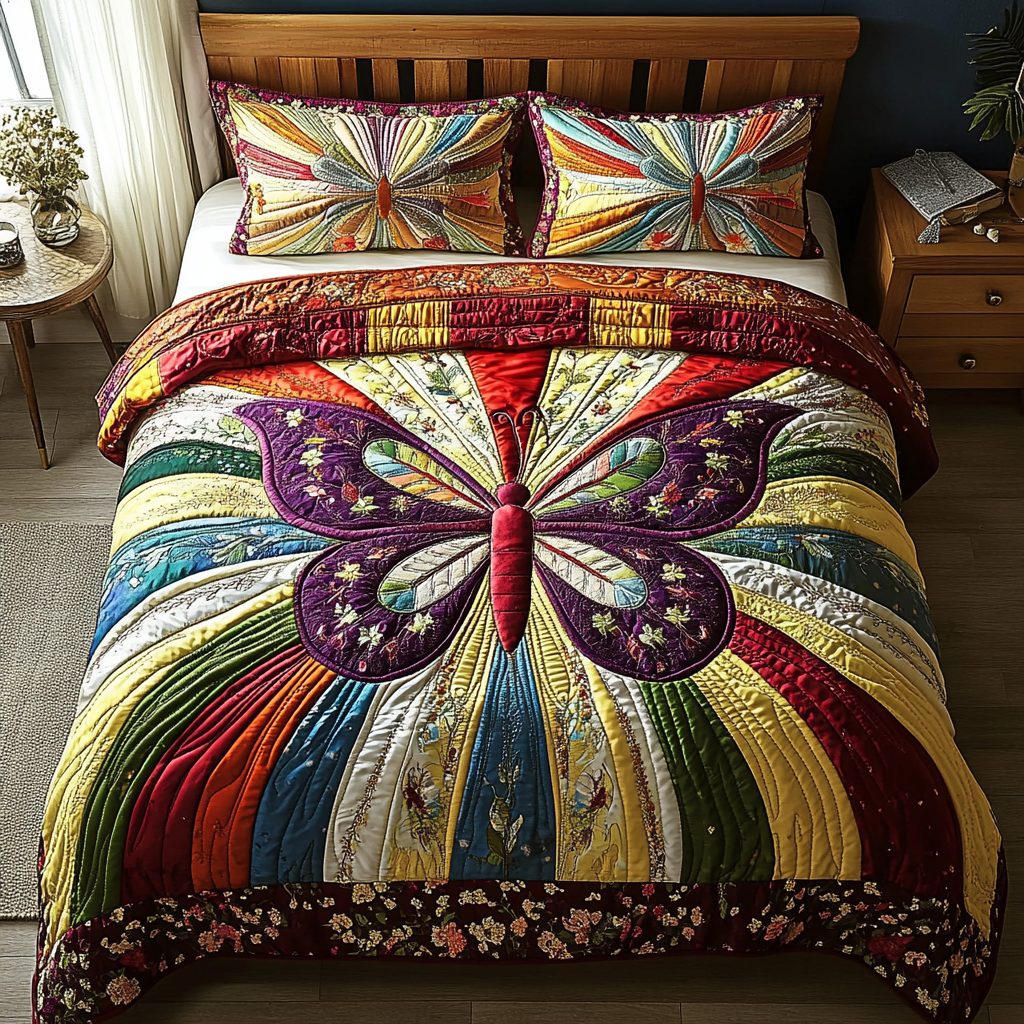 Dancing Wings quilted 3-piece bedding set on a made bed with two matching pillow shams