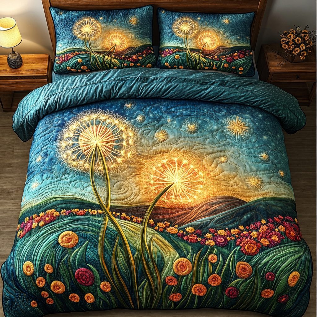 Dandelion Breeze quilted 3-piece bedding set on a made bed with two matching pillow shams