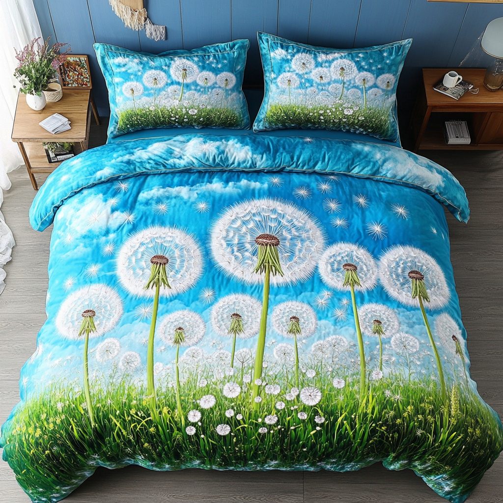 Dandelion Breeze quilted 3-piece bedding set on a made bed with two matching pillow shams