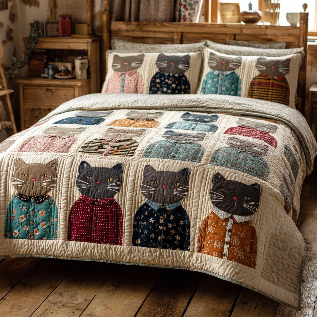 Dapper Cats quilted 3-piece bedding set on a made bed with two matching pillow shams