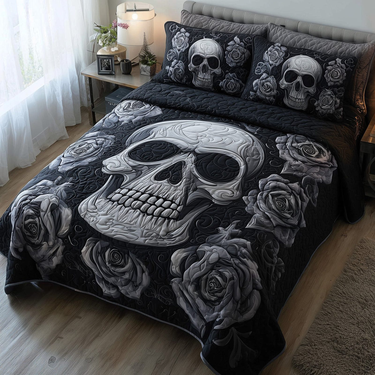 Dark Elegance quilted 3-piece bedding set on a made bed with two matching pillow shams
