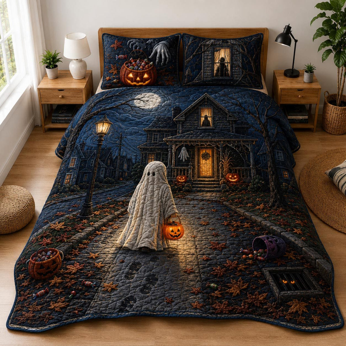Dark Harvest quilted 3-piece bedding set on a made bed with two matching pillow shams
