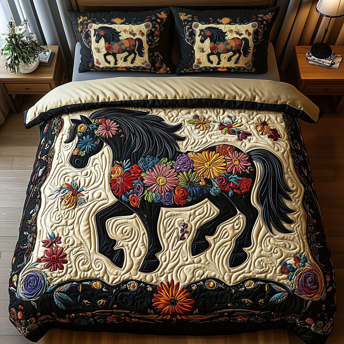 Dark Horse quilted 3-piece bedding set on a made bed in a rustic timber bedroom