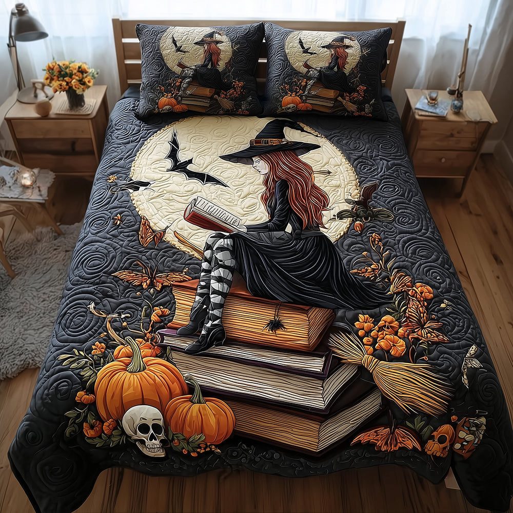 Dark Library quilted 3-piece bedding set on a made bed with two matching pillow shams