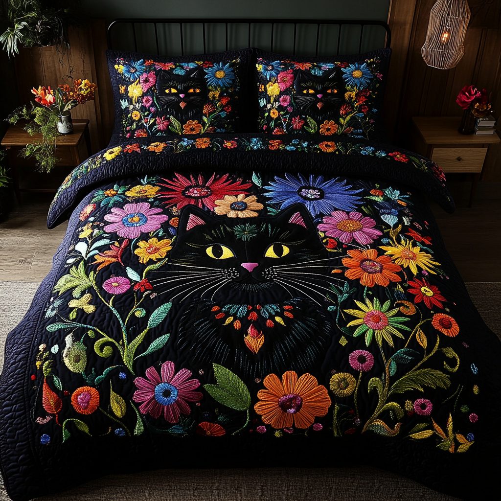Dark Meadow quilted 3-piece bedding set on a made bed with two matching pillow shams