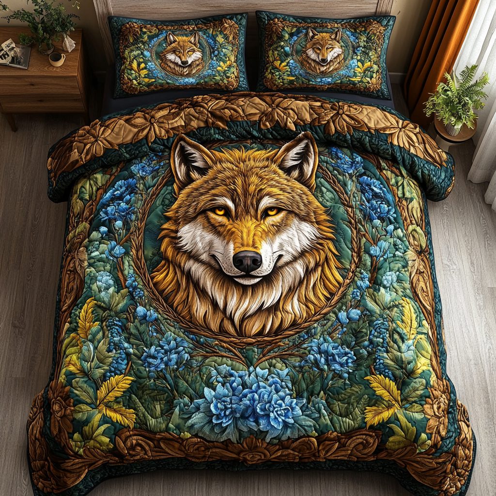 Dark Wolf quilted 3-piece bedding set on a made bed with two matching pillow shams