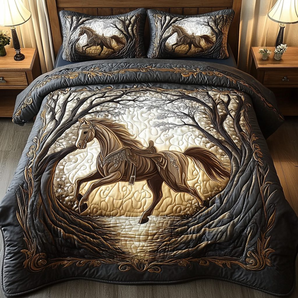 Dawn Charge quilted 3-piece bedding set on a made bed with two matching pillow shams