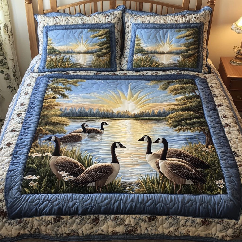 Dawn Gathering quilted 3-piece bedding set on a made bed with two matching pillow shams