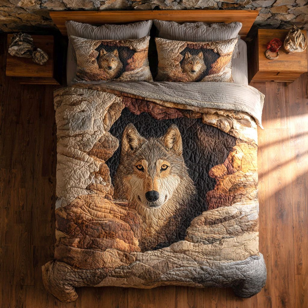 Dawn Howler quilted 3-piece bedding set on a made bed with two matching pillow shams