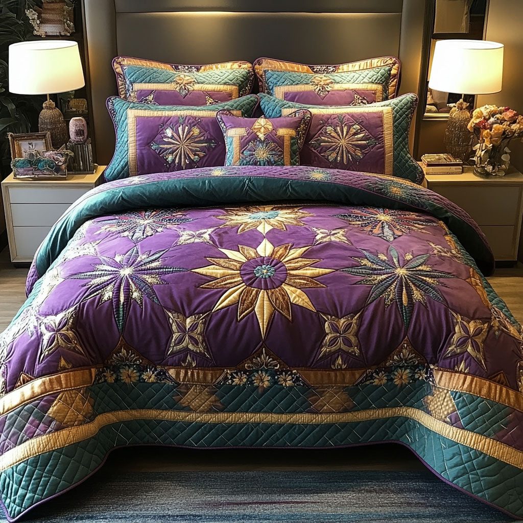 Dawn Star Design quilted 3-piece bedding set on a made bed with two matching pillow shams