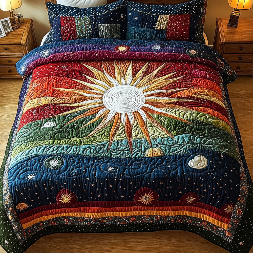 Daylight Charm quilted 3-piece bedding set on a made bed with two matching pillow shams
