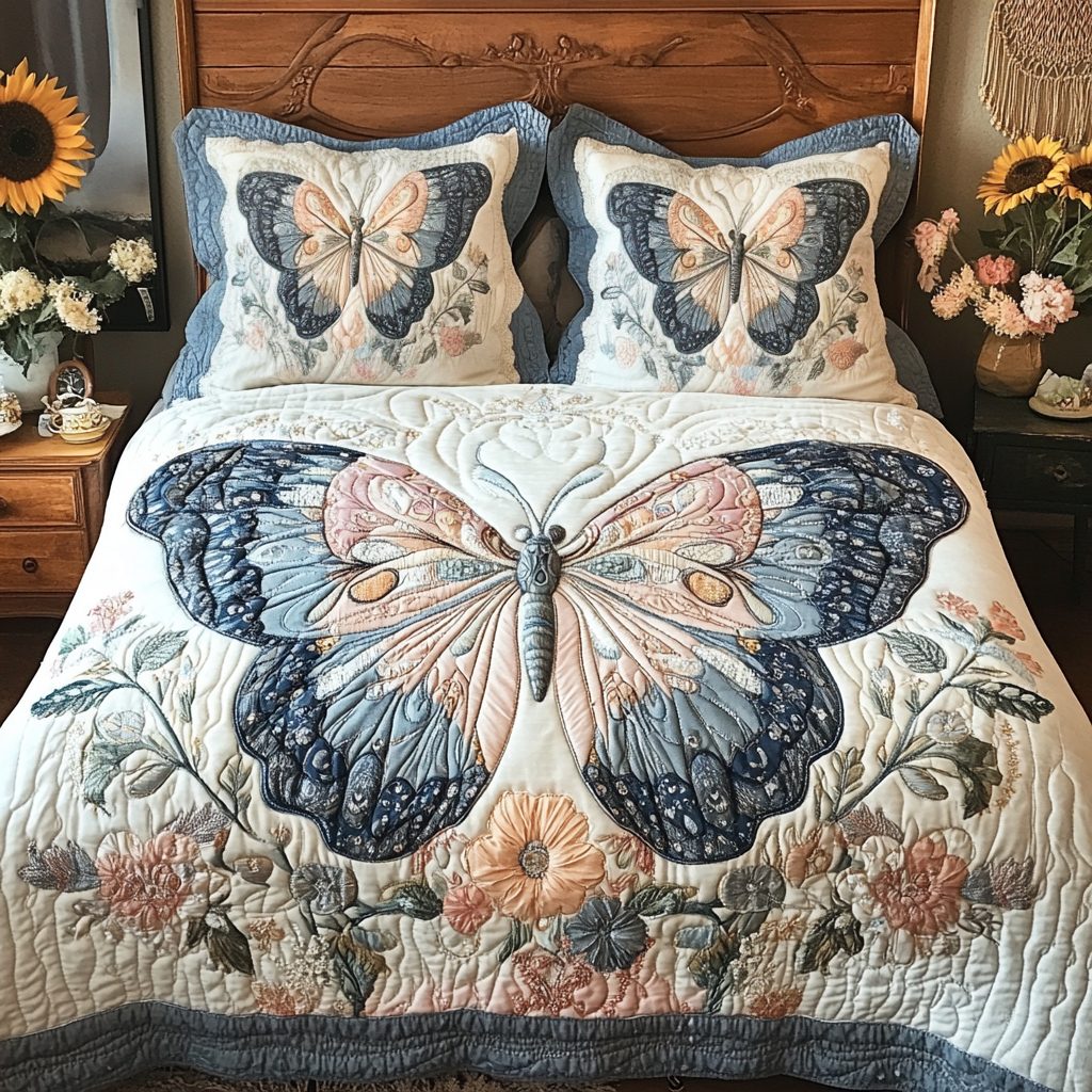 Dazzling Flutter quilted 3-piece bedding set on a made bed with two matching pillow shams