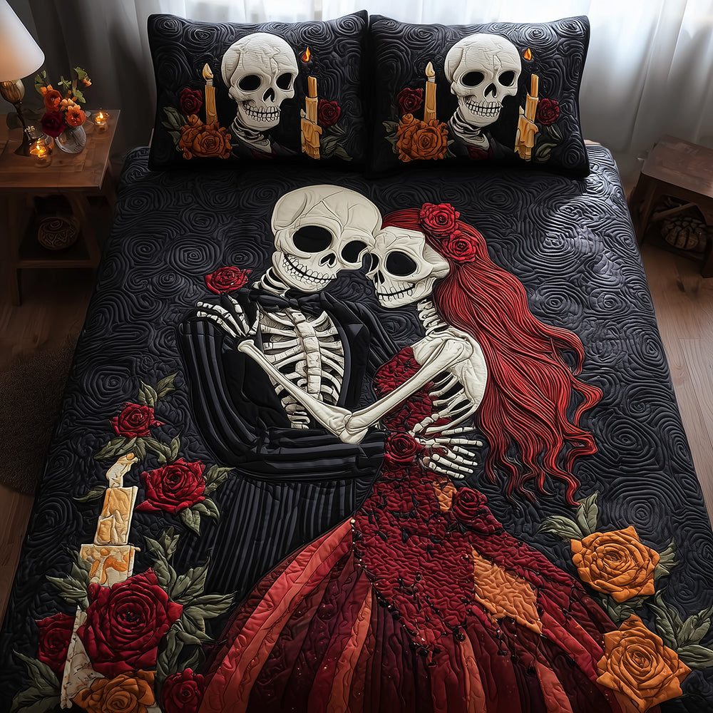 Deathly Romance quilted 3-piece bedding set on a made bed with two matching pillow shams