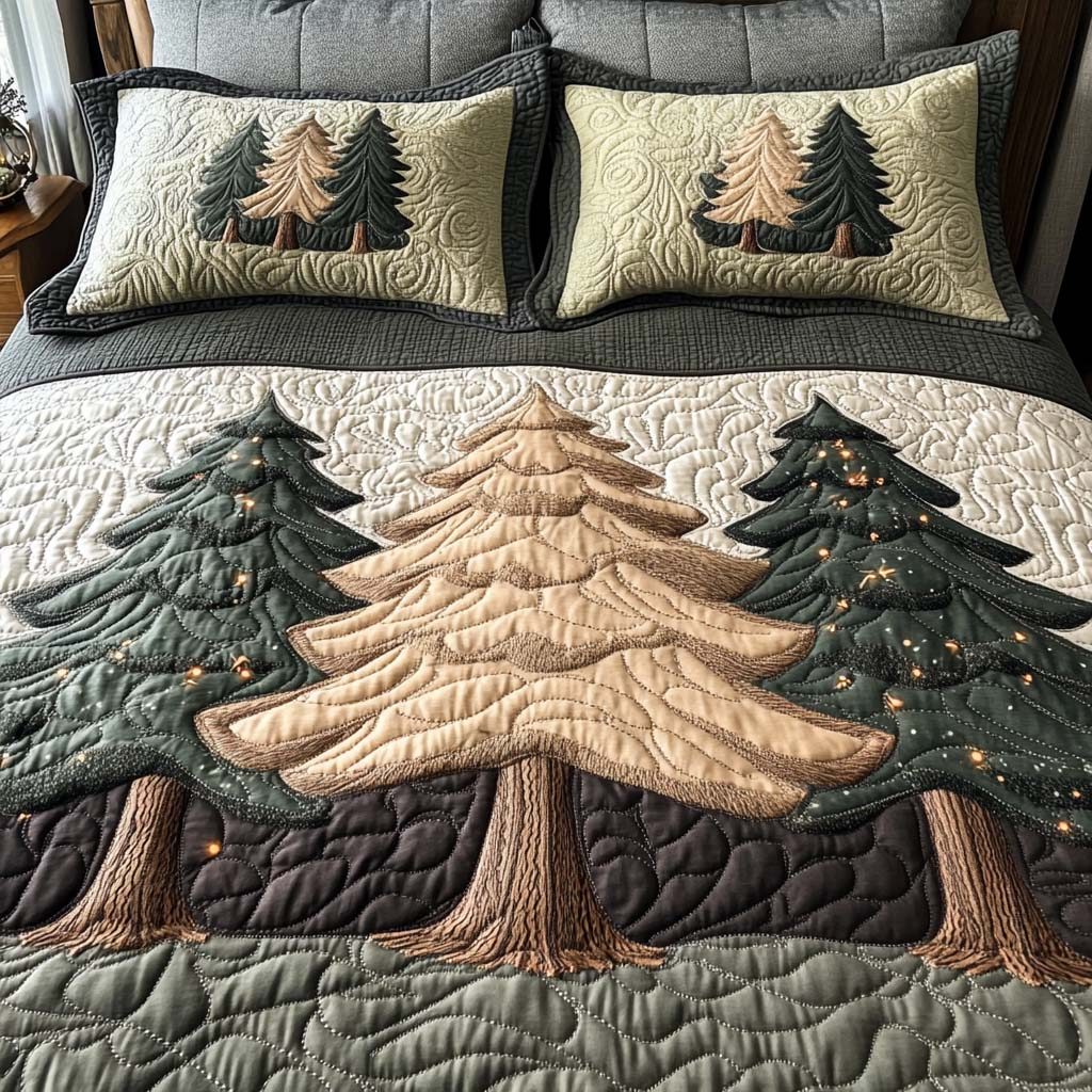 December Sparkle quilted 3-piece bedding set on a made bed with two matching pillow shams