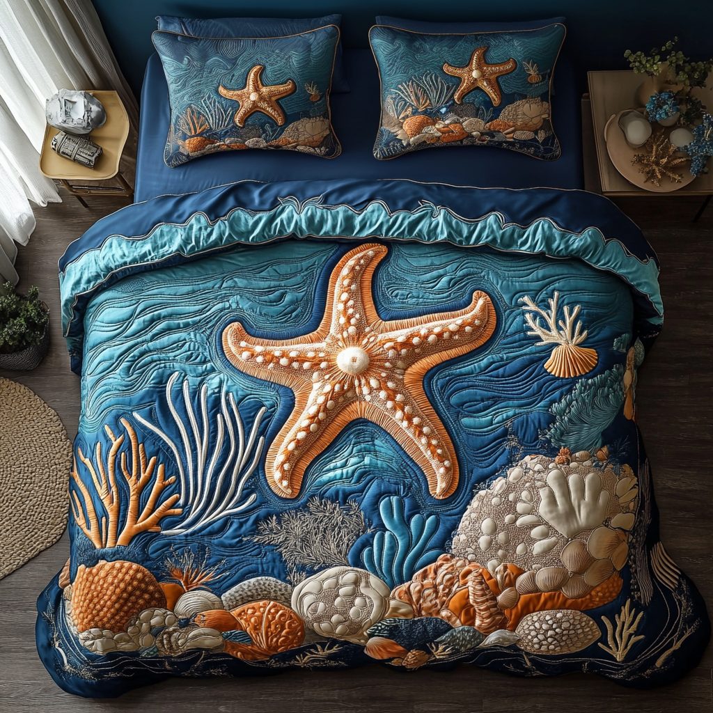 Deep Blue quilted 3-piece bedding set on a made bed with two matching pillow shams