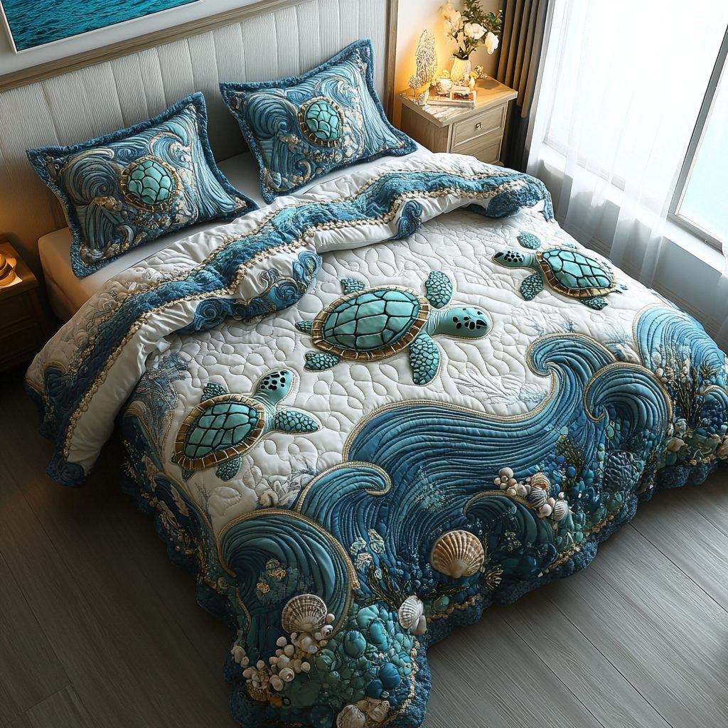 Deep Blue Serenity quilted 3-piece bedding set on a made bed with two matching pillow shams