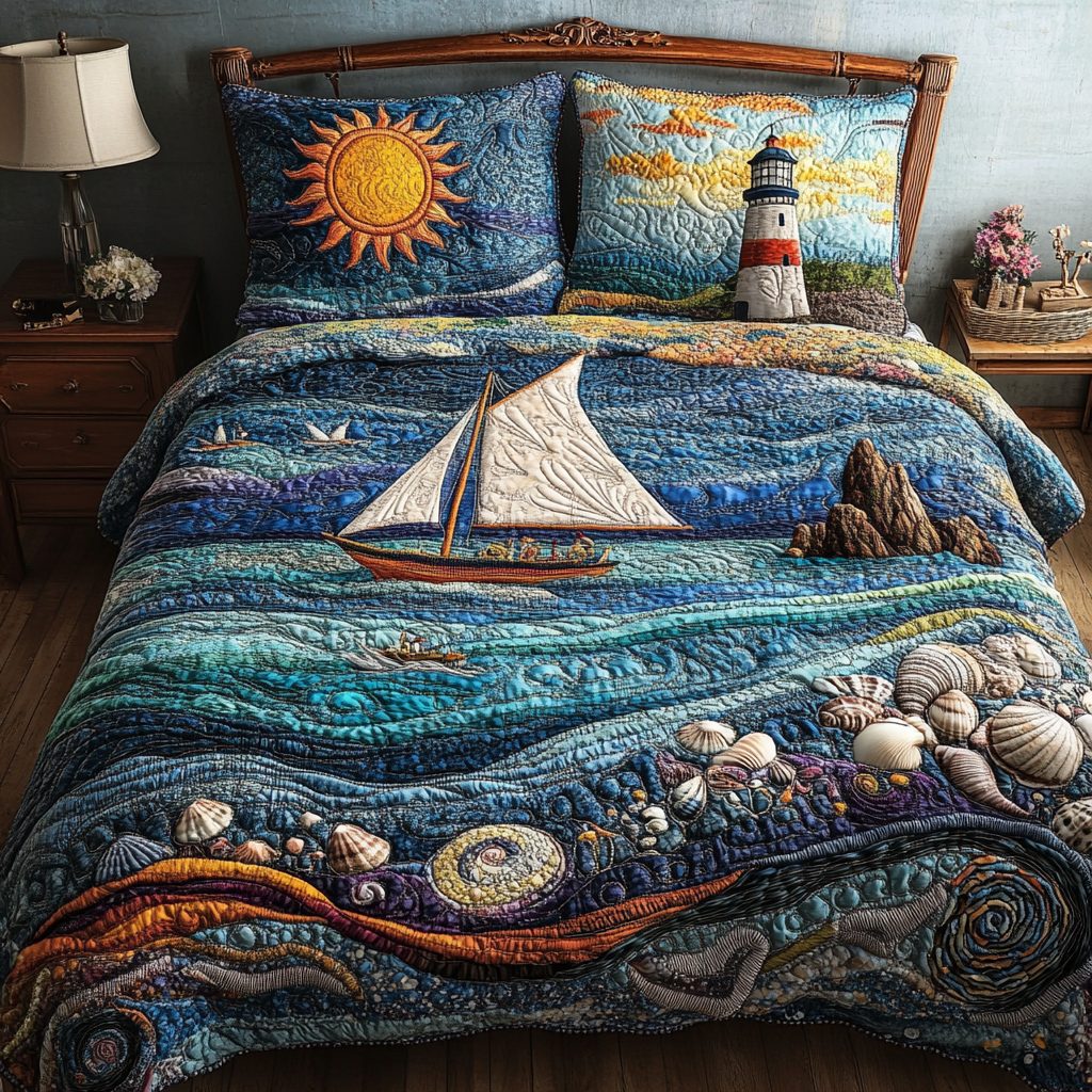 Deep Blue Waters quilted 3-piece bedding set on a made bed with two matching pillow shams