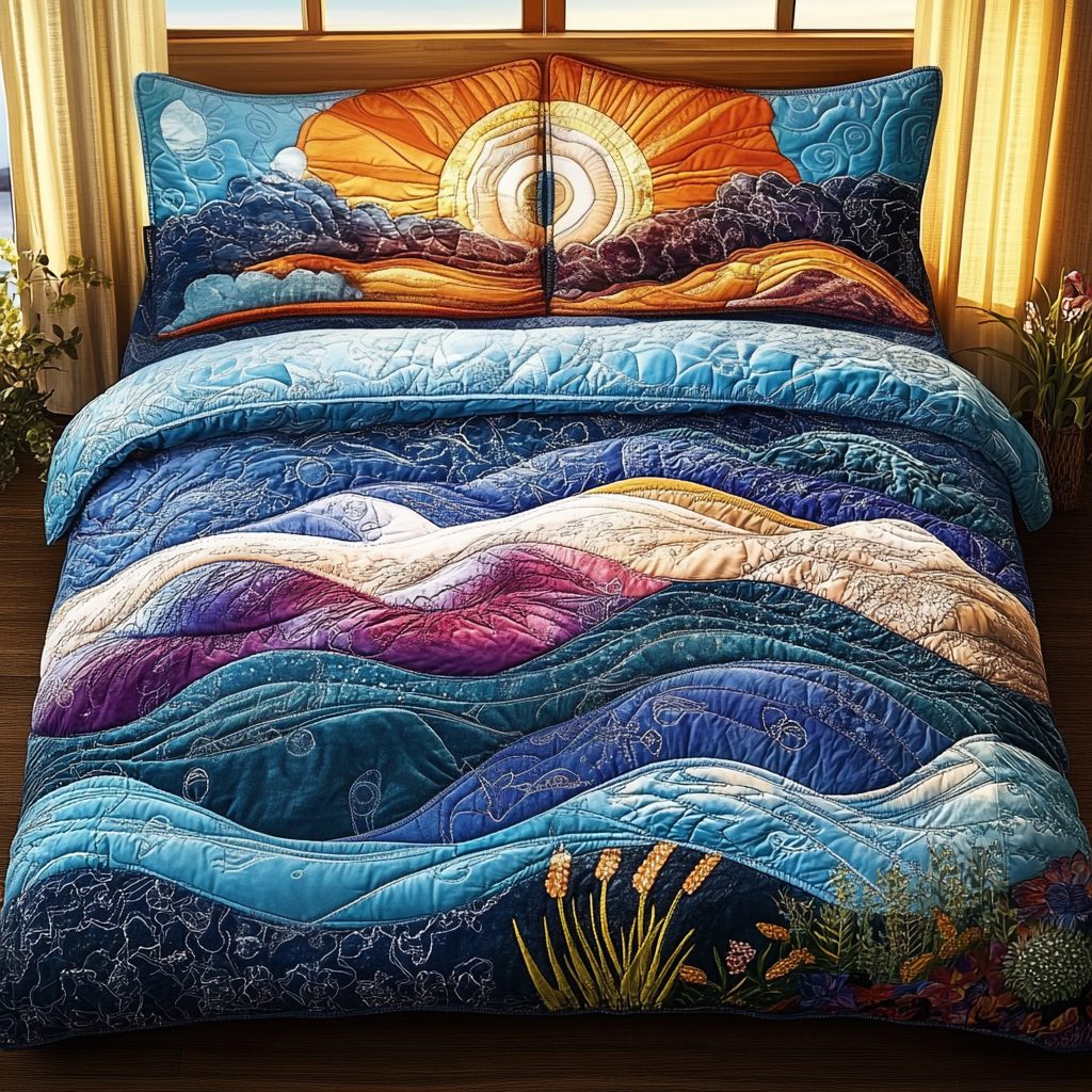 Deep Current quilted 3-piece bedding set on a made bed with two matching pillow shams