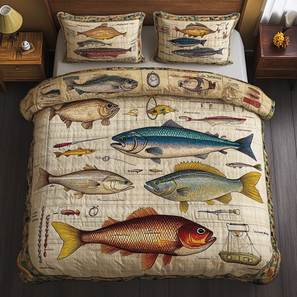 Deep Dive quilted 3-piece bedding set on a made bed with two matching pillow shams