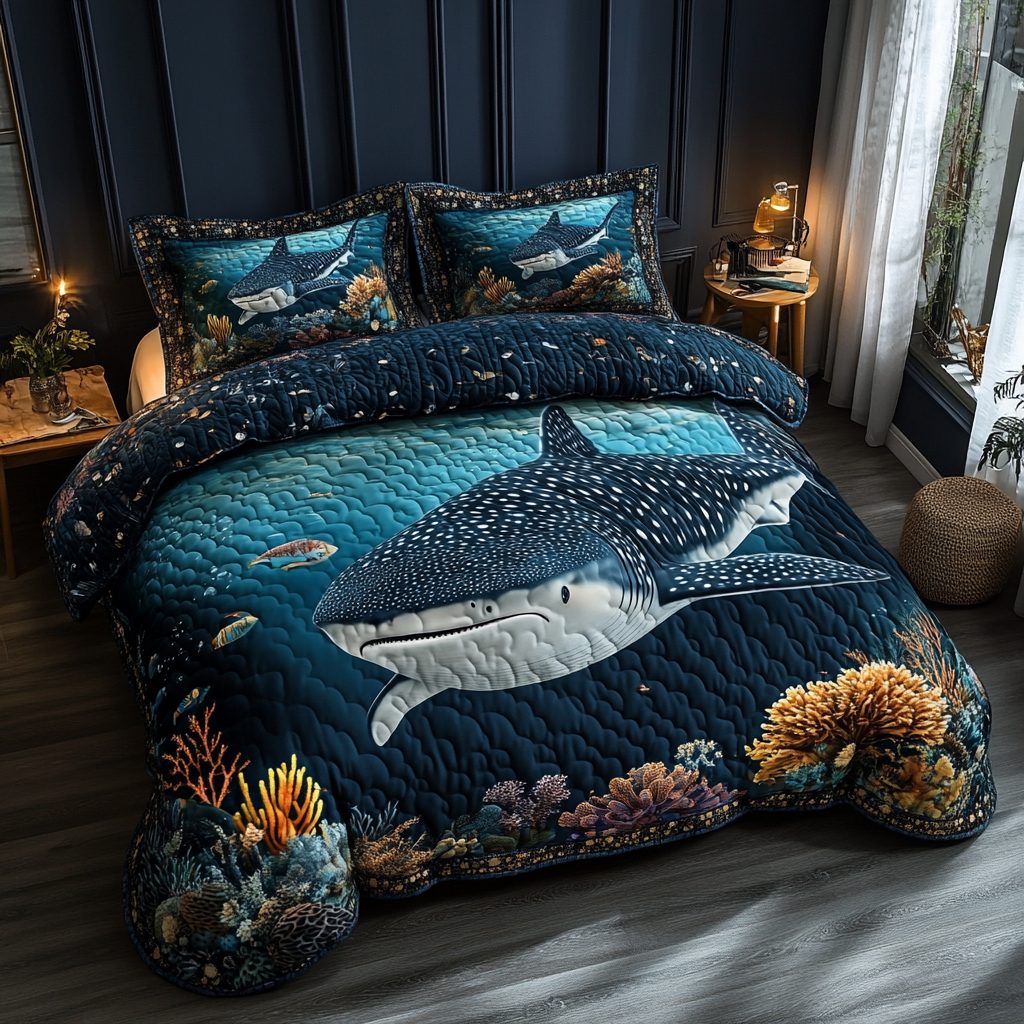 Deep Drifter quilted 3-piece bedding set on a made bed with two matching pillow shams
