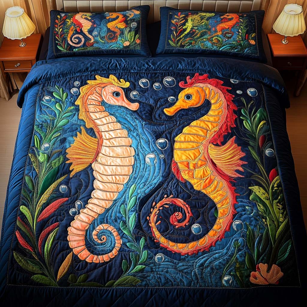 Deep Duo quilted 3-piece bedding set on a made bed with two matching pillow shams