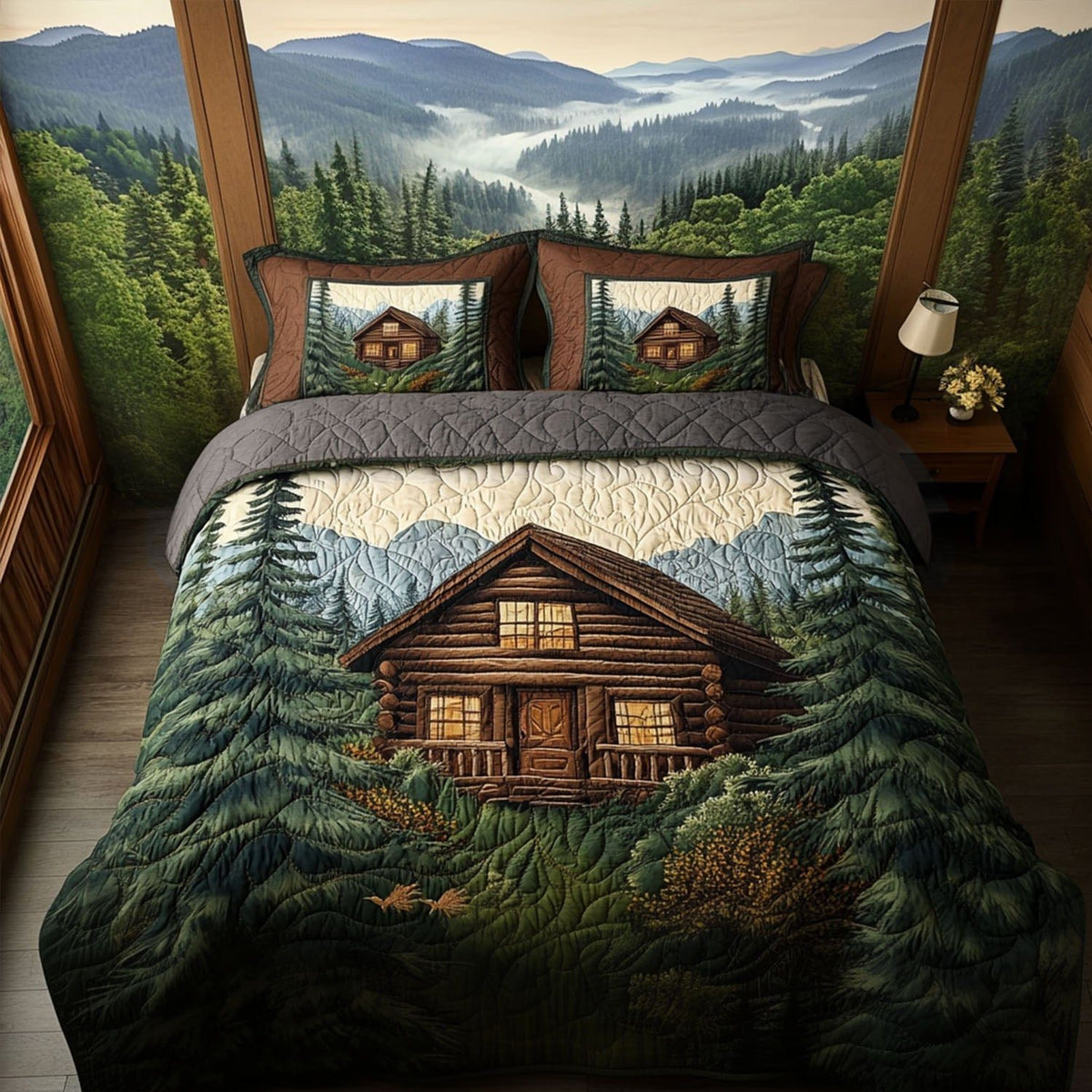 Deep Forest Lodge quilted 3-piece bedding set on a made bed with two matching pillow shams
