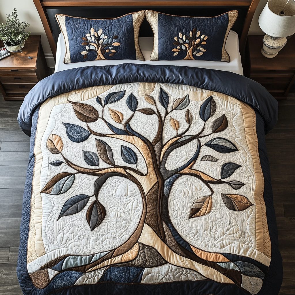 Deep Harmony quilted 3-piece bedding set on a made bed with two matching pillow shams