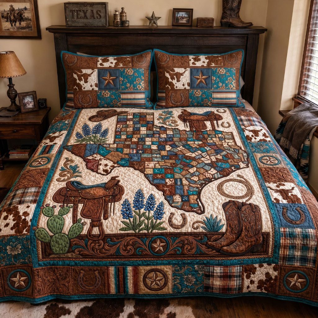 Deep in the Heart quilted 3-piece bedding set on a made bed with two matching pillow shams