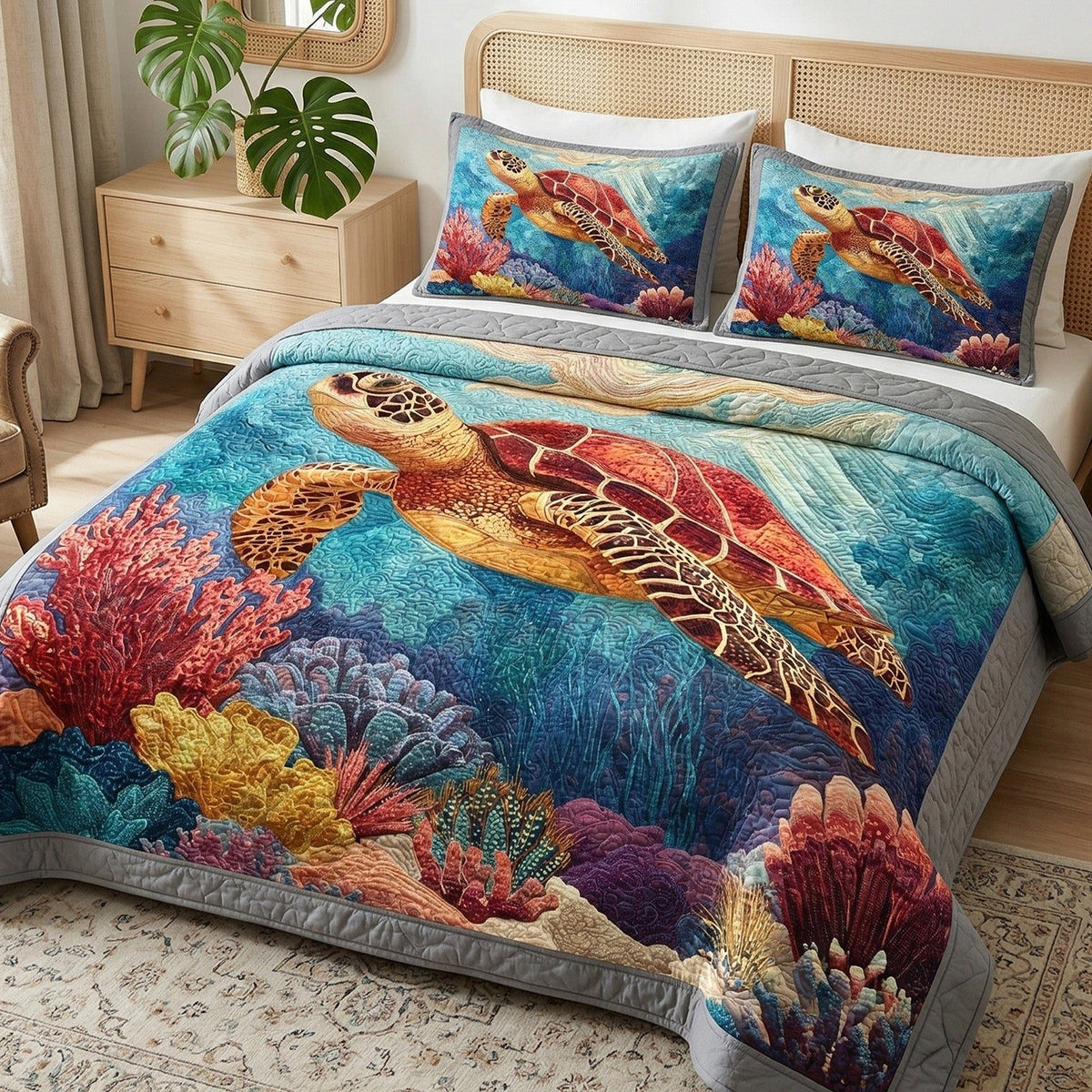 Deep Ocean quilted 3-piece bedding set on a made bed in a light coastal bedroom