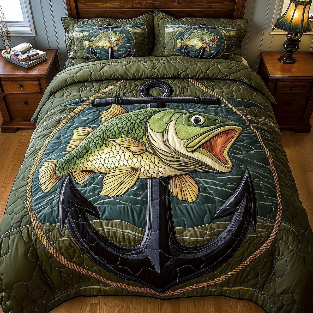 Deep Sea Dreams quilted 3-piece bedding set on a made bed in a light coastal bedroom