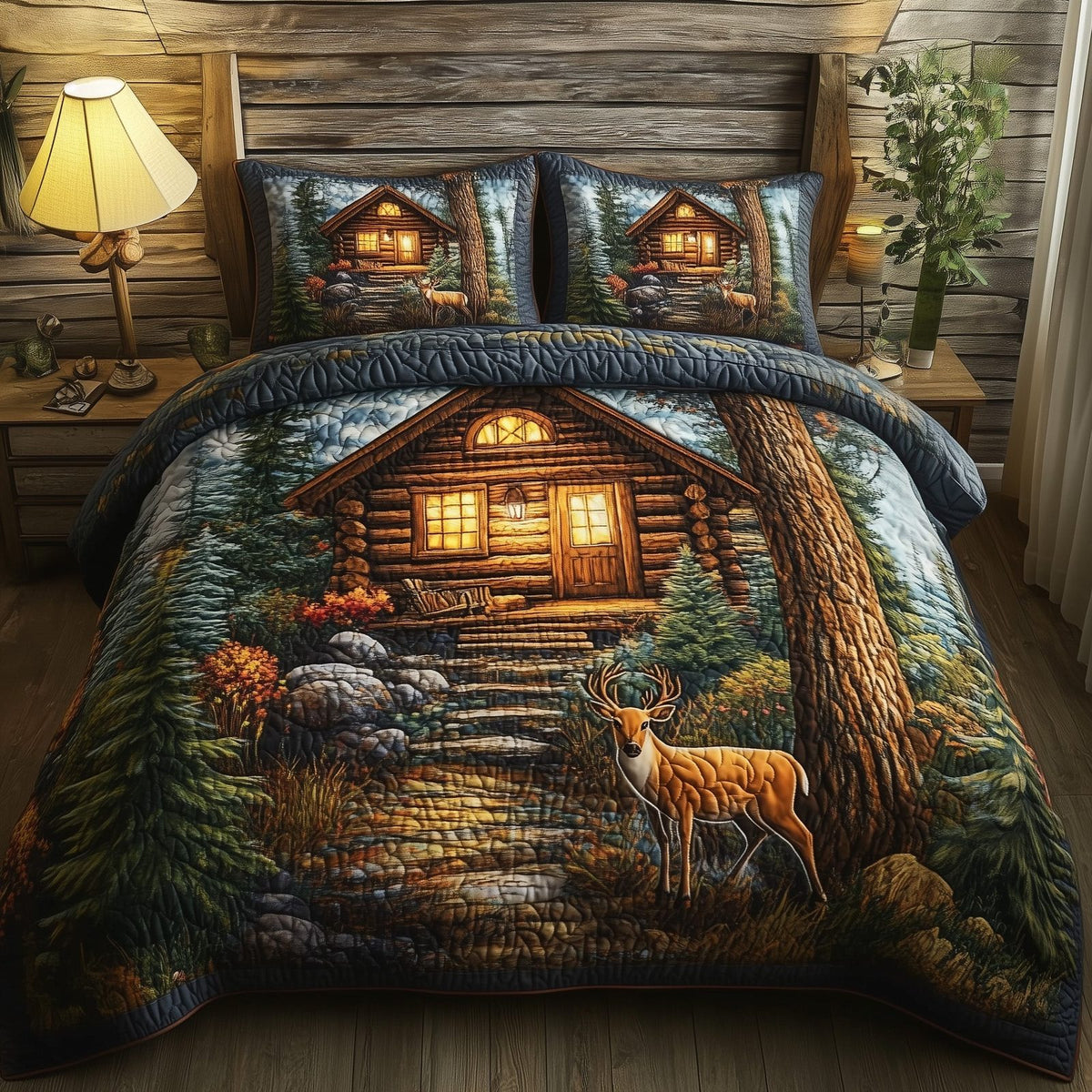 Deer and Cabin quilted 3-piece bedding set on a made bed with two matching pillow shams