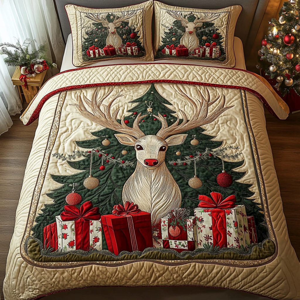 Deer Dreams quilted 3-piece bedding set on a made bed with two matching pillow shams