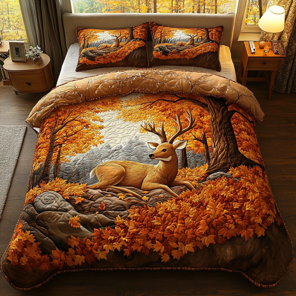 Deer Light quilted 3-piece bedding set on a made bed with two matching pillow shams