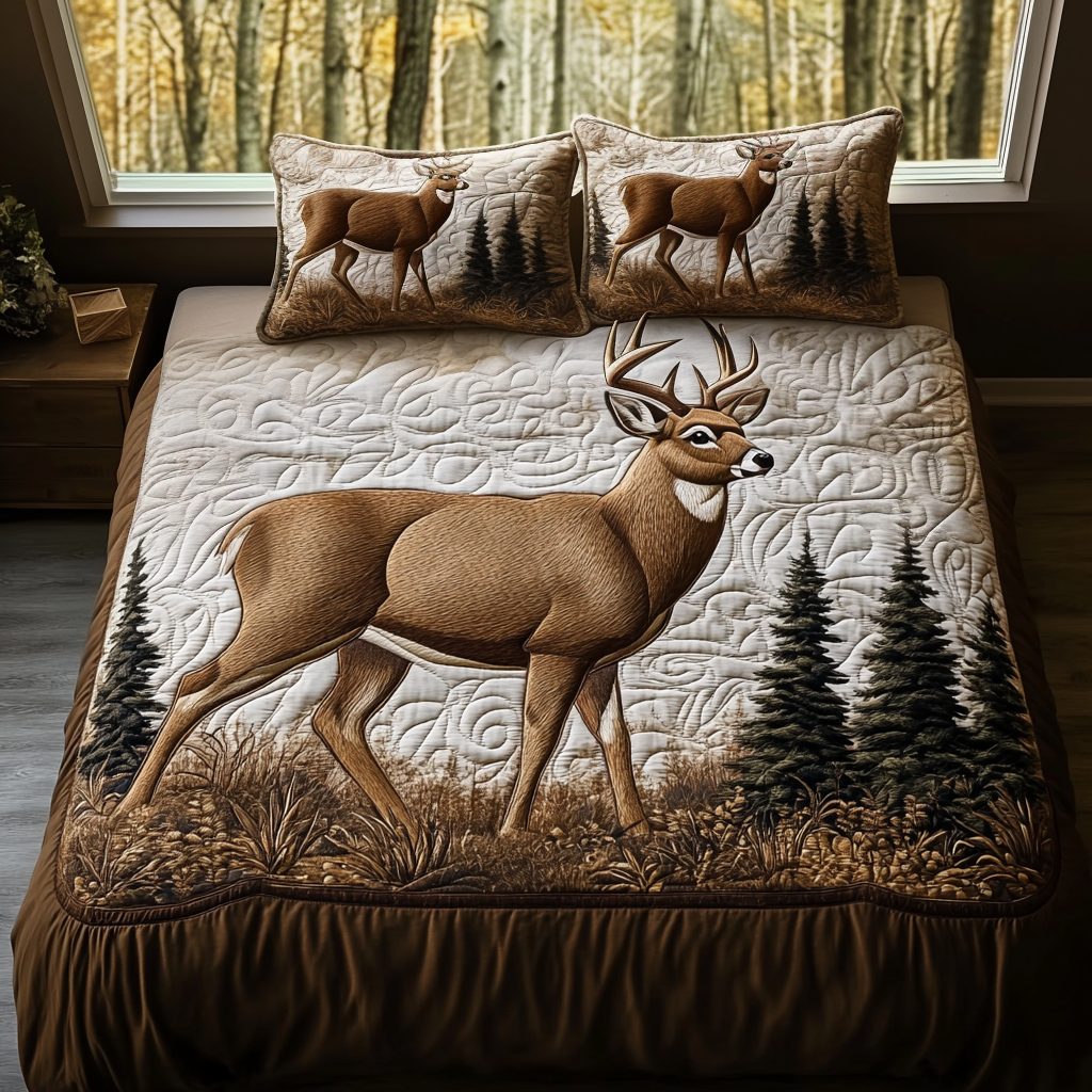 Deer Path quilted 3-piece bedding set on a made bed with two matching pillow shams