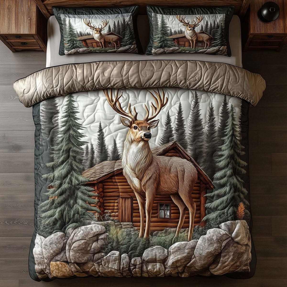 Deer Serenity quilted 3-piece bedding set on a made bed with two matching pillow shams