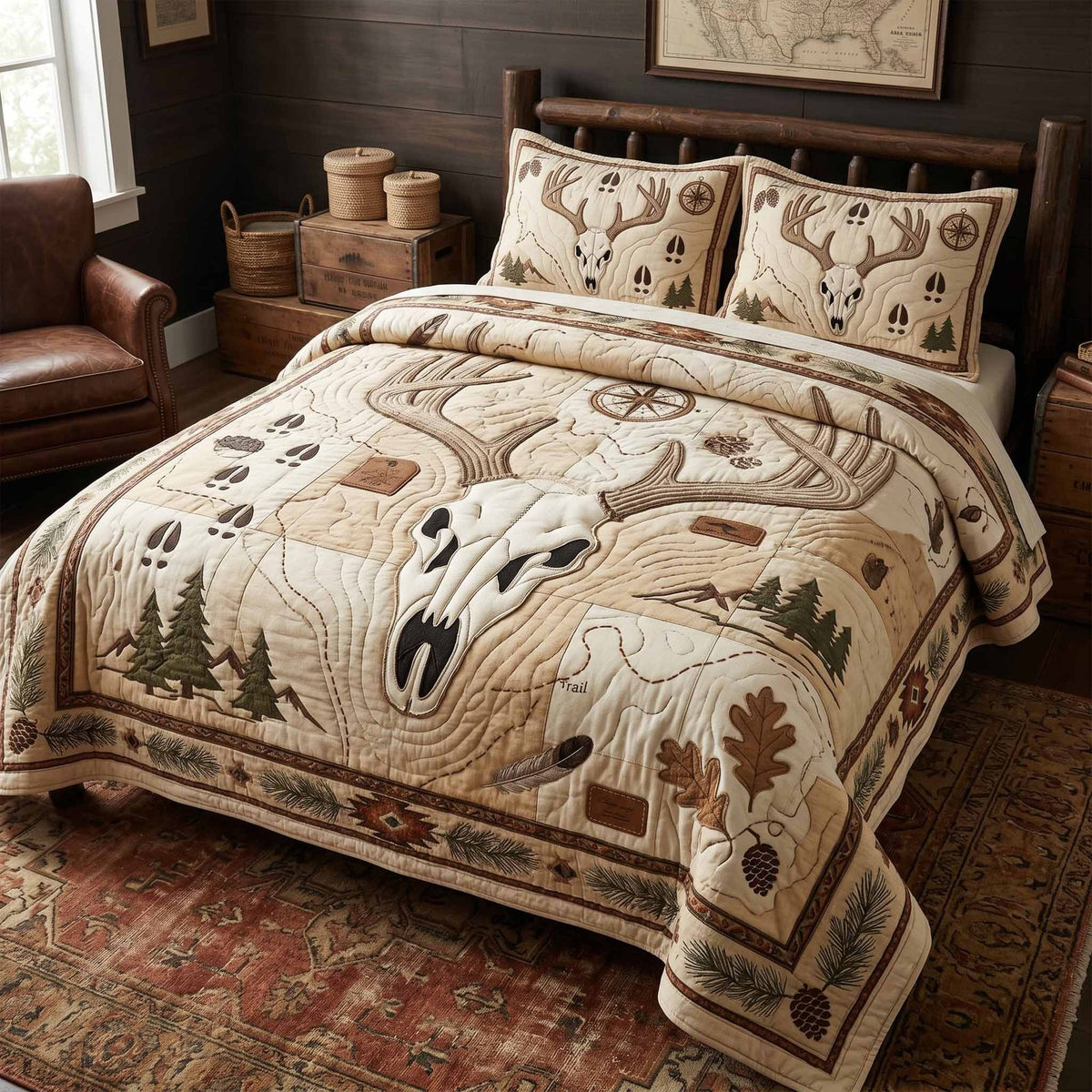 Deer Skull quilted 3-piece bedding set on a made bed against a dark styled interior