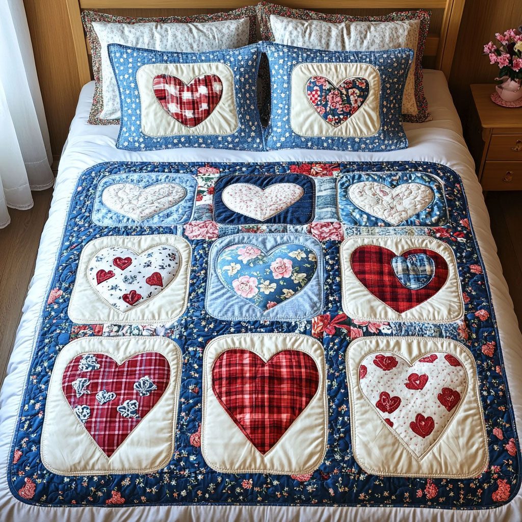 Denim Love quilted 3-piece bedding set on a made bed with two matching pillow shams