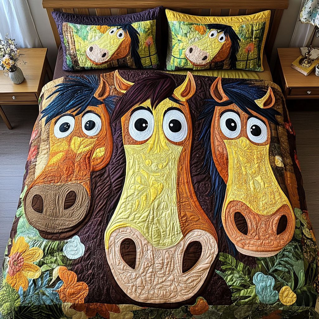 Derpy Galloper quilted 3-piece bedding set on a made bed with two matching pillow shams